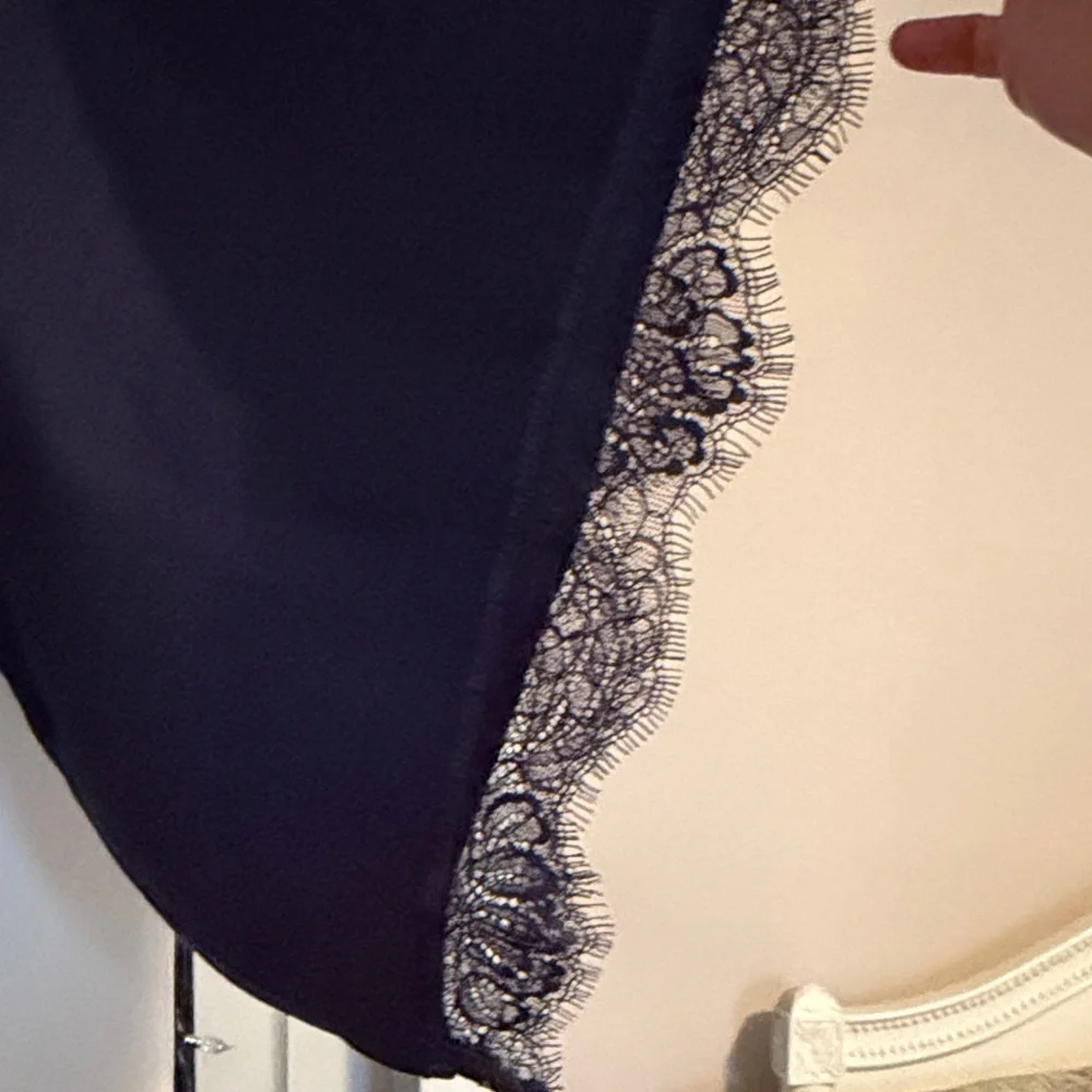 Navy Satin Lace-Trim Kimono Robe - Women's Chemise